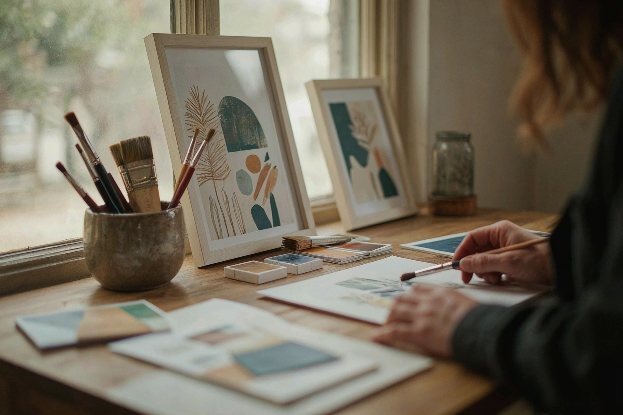 Plan de travail de l'atelier avec tableaux en cours, palette et pinceaux