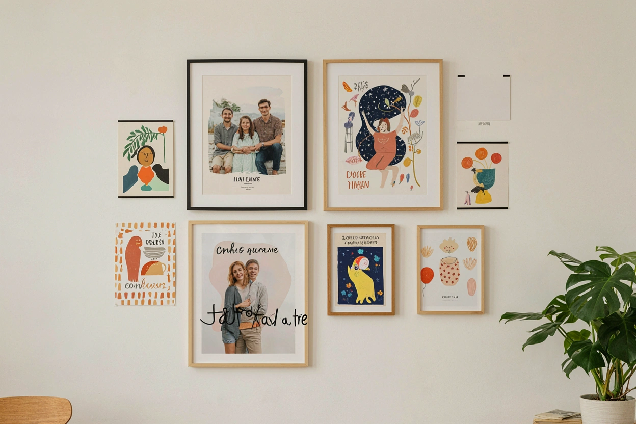 Cimaise de l'atelier présentant six tableaux personnalisés de styles variés